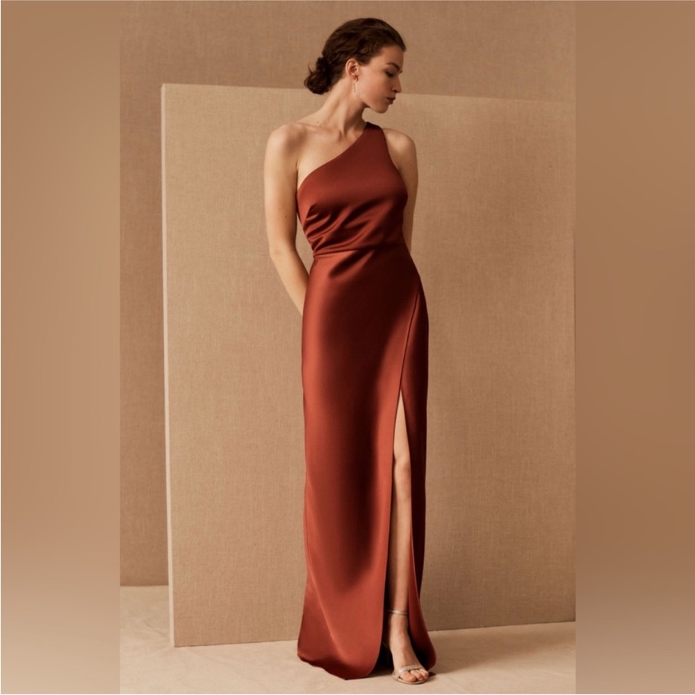 BHLDN Dylan One-Shoulder Satin Side-Slit Gown